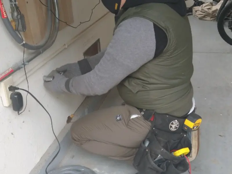 Electrician performing outlet wiring in a Lovington garage